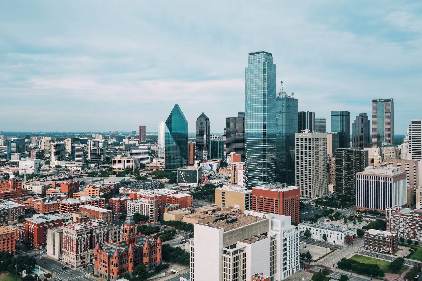 Aerial view of the downtown Dallas skyline on a clear day